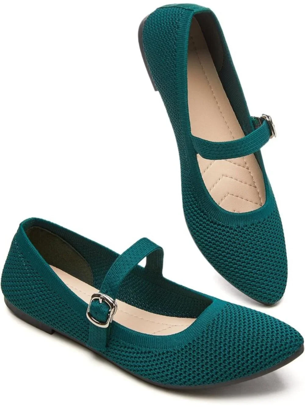 Women's Green Knit Mesh Ballet Flat Foldable With Buckle Strap Comfortable Shoes